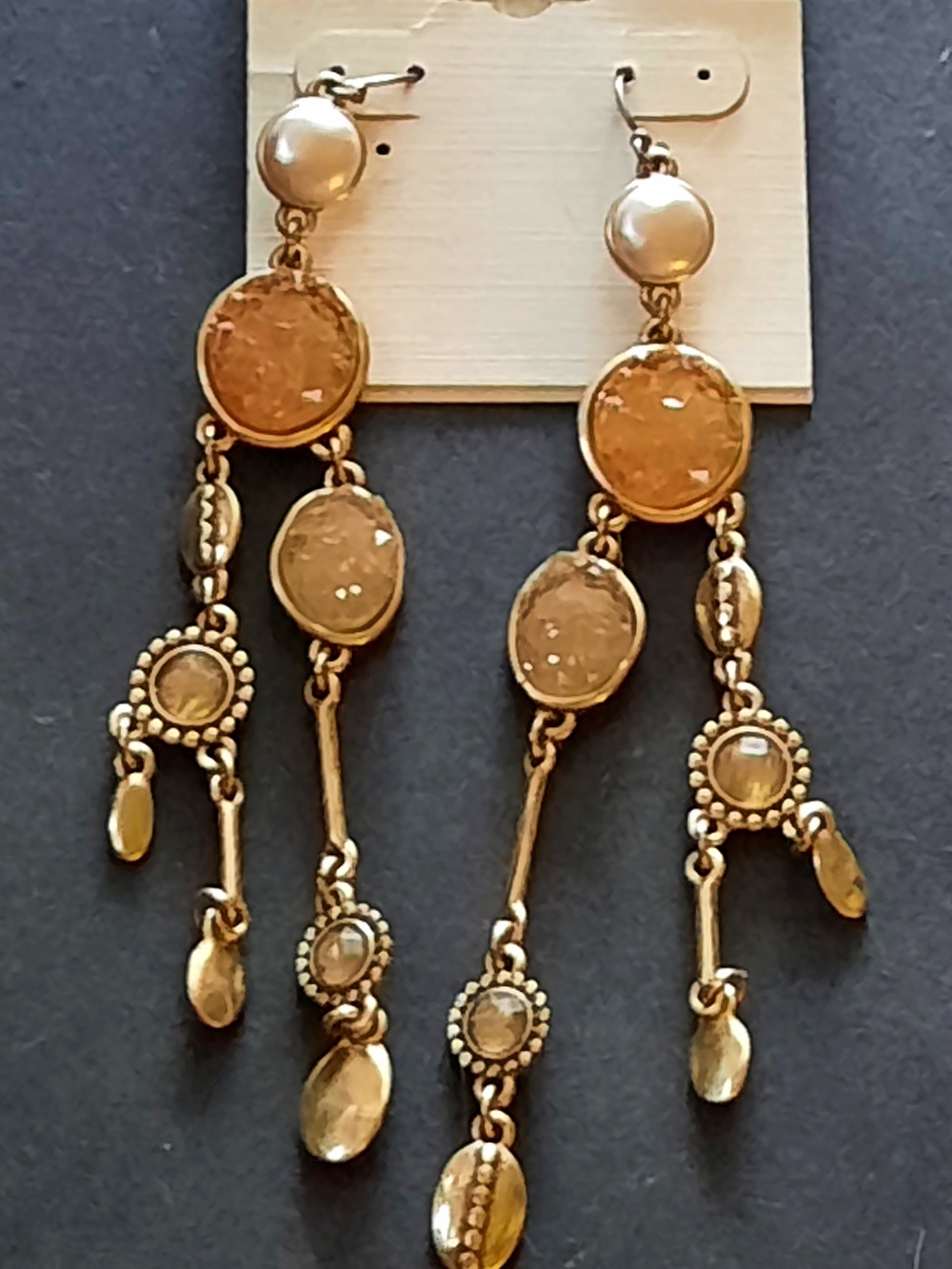 🍯Bold🪙Gypsy Amber Elegance Standout Gold Earrings with Pearl Top